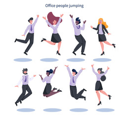 Jumping business people set. Happy and successful employee