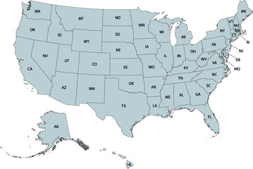 Vector Illustration of the Gray USA Federal Map With State Names Abbreviations