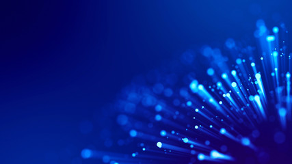 Blue light rays like laser show for bright festive presentation. 3d rendering of abstract blue background with glowing particles like micro world science fiction with depth of field and bokeh.