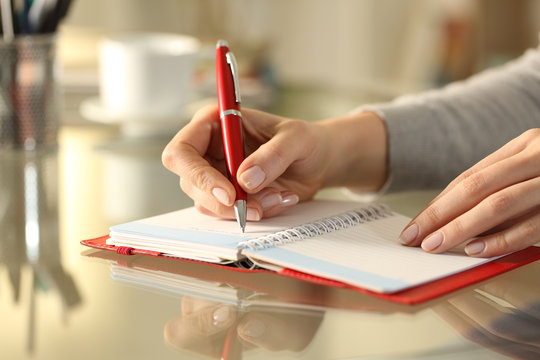 Woman hands writing note reminder on agenda