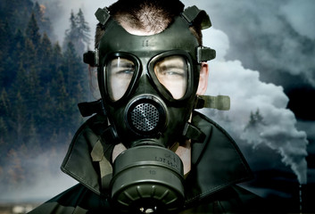 environmental disaster and pollution wearing gas mask