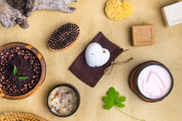 coffee scrub, soaps, peeling, body brushes, sponge, green leaf, tree snag