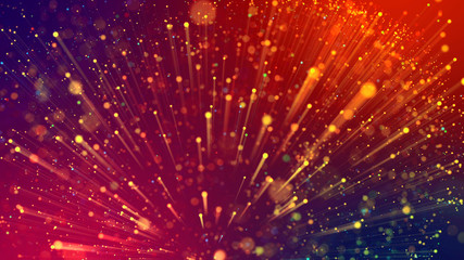 Fototapeta premium Abstract explosion of multicolored shiny particles like sparkles with light rays like laser show. 3d abstract background with light rays colorful glowing particles, depth of field, bokeh.