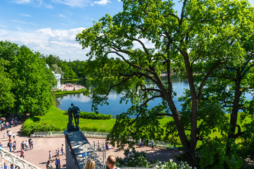 Panorama of Catherine's Park in Tsarskoe Selo, Pushkin. Historical summer park for hiking, St. Petersburg, Russia, July 17, 2017
