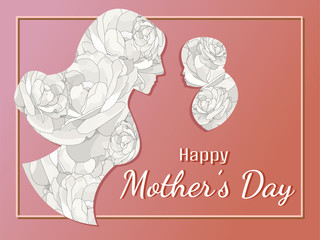 Happy mother's day poster or banner with mother and baby shape with rose flower pattern on red.