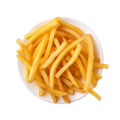 French fries in a plate isolated on white background, top view