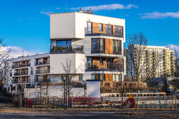 Fototapeta na wymiar Newly built houses of flats in Goclaw district of Warsaw city, Poland