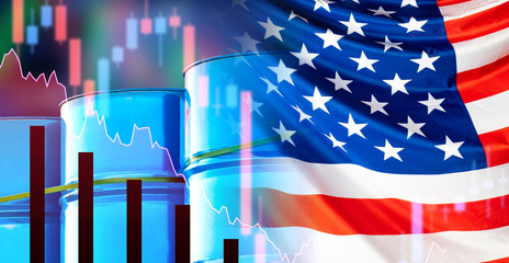 Barrels of oil next to the flag of the USA. The concept is petrolium production in the United...