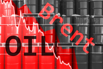 Inscription Oil Brent on the background of barrels. Falling chart. Lower oil prices. Concept - fall...