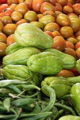 Vegetables at Asian Market with Tomatoes Chayote Okra