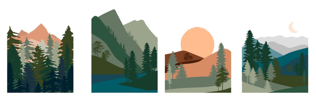 Set of abstract landscape. Forest animals, hills of coniferous wood with mountains range, lake, river, desert silhouette template. Editable vector illustration. 
