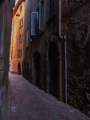 old narrow street with paving stones, Bergamo, Italy