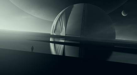 futuristic surreal landscape, abstract dome building in science fiction setting with planets in the sky, 3d illustration © andreiuc88