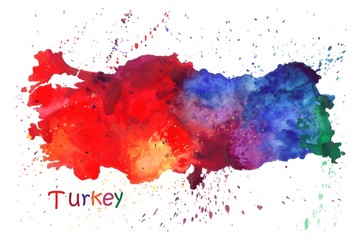 Watercolor map of Turkey. Stylized image with spots and splashes of paint