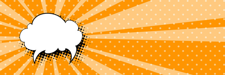 Banner with sun's rays and dots , speech bubble on an orange pop art retro background, vector illustration