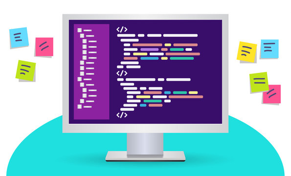 Program code icon in flat style. Personal computer with a code page on the desktop, around colored papers with tasks. Vector illustration isolated