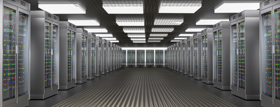Servers. Server room data center. Backup, hosting, mainframe, farm and computer rack with storage information. 3d render