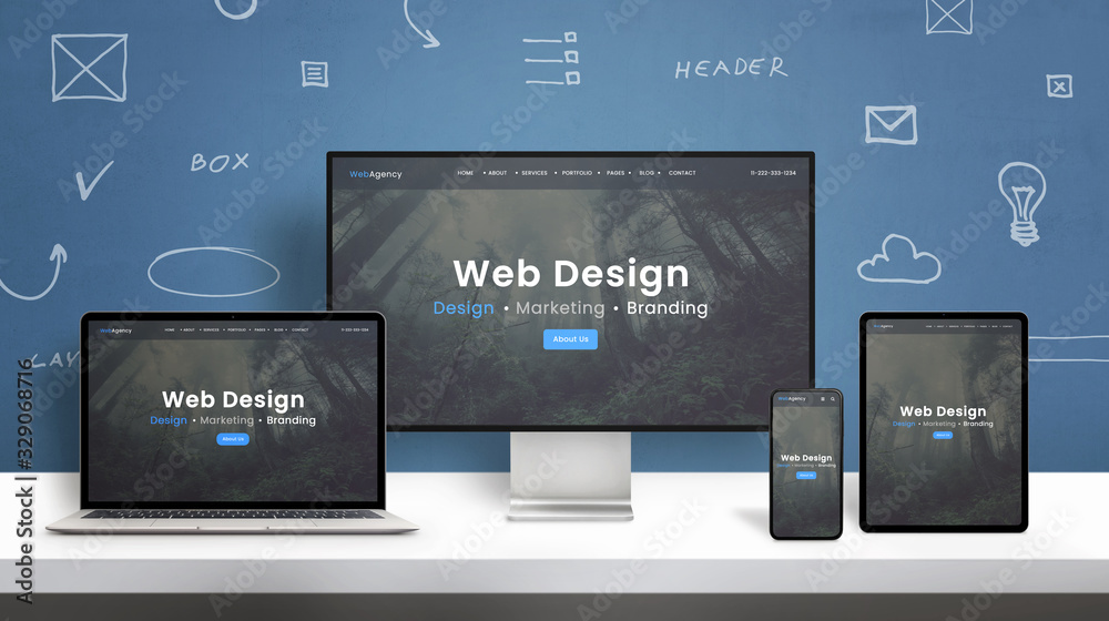 Poster Web design studio web site responsive design presentation on computer display, laptop, smart phone and tablet. Blue wall with web design concept elements