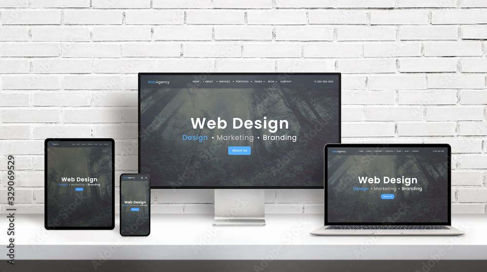 Poster Web design agency concept presentation on displays of different dimensions. Modern flat web design template, theme concept. White brick wall in background