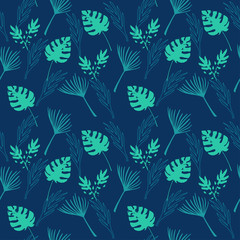 Fototapeta na wymiar Trendy Tropical Vector Seamless Pattern. Fine Summer Textile. Monstera Feather Banana Leaves Dandelion 