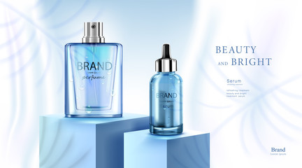 Luxury cosmetic Bottle package skin care cream, Beauty cosmetic product poster, with water drop and blue color background