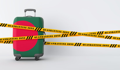 Bangladesh travel suitcase covered with quarantine tape. 3D Render