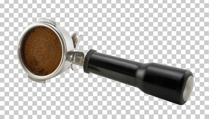 Roasted and ground coffee in porta filter holder on isolated background including clipping path.