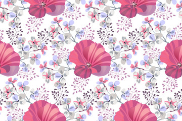 Vector floral seamless pattern. Small flowers on branches with mallow flowers isolated on a white background. Lilac tone. For home textiles, fabric, wallpaper design, accessories, digital paper.