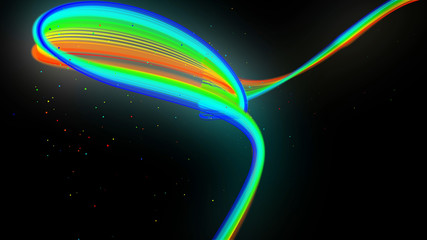 rainbow color neon lines form wave. 3d abstract creative background like glow ribbon with particles isolated on black background