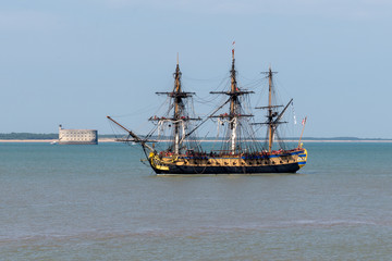 Fototapeta na wymiar frigate Hermione Lafayette ancient new vessel in atlantic ocean near fort boyard