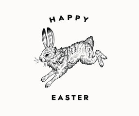 Easter postcards with bunny typographical composition on a white background. easter rabbit logo. isolated black and white hand dawn illustration of hare in a vintage style.