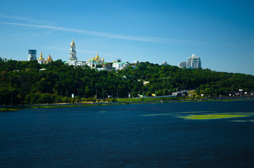 Panorama of the city of Kiev, view of the monument Motherland. Construction of a new arch bridge...
