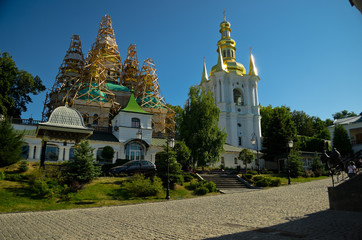 Complex Kiev-Pechersk Lavra in Kiev. The Old Lavra Garden. The Church of the Presentation. Temple of St. Anthony of Caves. Kiev, Ukraine, July 15, 2017