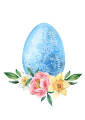 Easter watercolor greeting card egg and spring flowers bouquet.