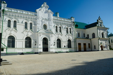 Complex Kiev-Pechersk Lavra in Kiev. Uspensky Cathedral with golden domes. Great Lavra belfry. Kiev, Ukraine, July 15, 2017