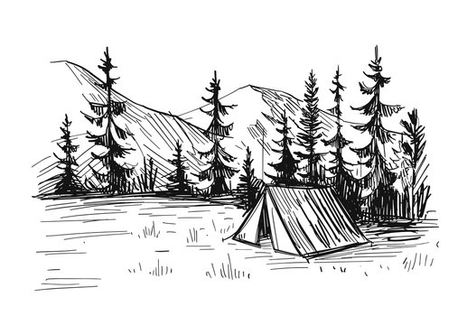 Tourist tent in the mountains, lake and trees. Nature landscape illustration. Background for travel designs. Hand drawn vector sketch on transparent background