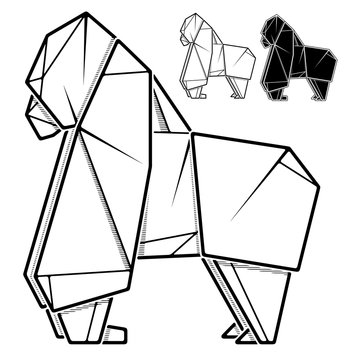 Vector monochrome image of paper gorilla origami (contour drawing by line).