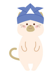 兜を被るネコのイラスト