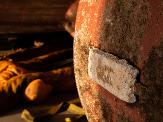 Close up of the cathodic protection on the hull of the vessel, with fouling and shells. - obrazy, fototapety, plakaty