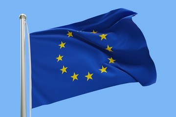 Flag of Europe On Flagpole Waving in the Wind. Isolated On Blue Sky Background. 3D Rendering.