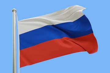 Flag of Russia On Flagpole Waving in the Wind. Isolated On Blue Sky Background. 3D Rendering.