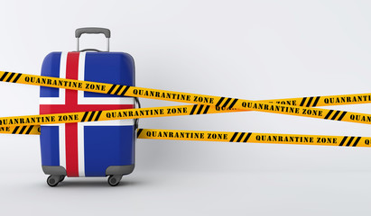 Iceland travel suitcase covered with quarantine tape. 3D Render