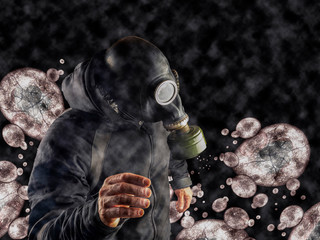 Man with gas mask fleeing from a virus. Concept of epidemic, pandemic, flu, virus, coronavirus, contagion, planet, earth, climate change, new virus