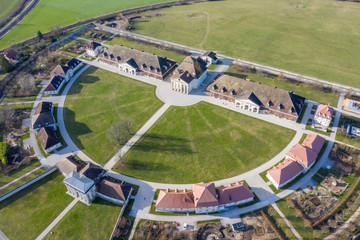 Aerial panoramic view of the Saline Royale (Royal Saltworks)  at Arc-et-Senans, France