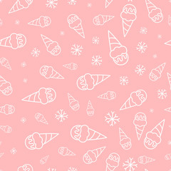 Seamless pattern with Ice cream, cute line illustration on the pink background.Print texture. Fabric design. Vector seamless illustration.