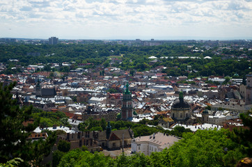 Panorama of the city of Lviv. Medieval city with red tiled roofs. A city for romantic people and lovers. Cozy Europe. Lviv, Western Ukraine, July 18, 2017