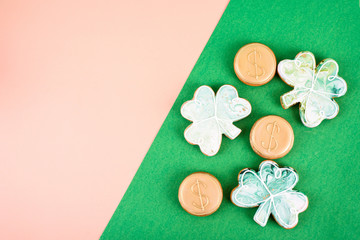 March 17 is St. Patrick's Day. Composition of sweet gingerbread on a light background.