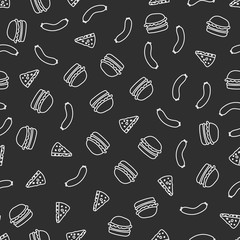 Fast food pattern. hot dog, pizza,hamburger.seamless vector on the black background