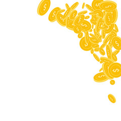 American dollar coins falling. Scattered floating 