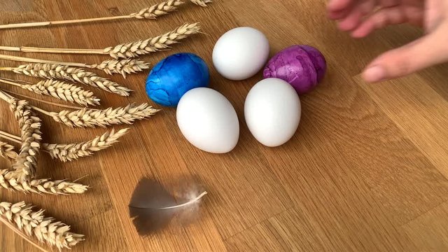 gray feather easily falls on eggs on a table with ears of grain, easter concept